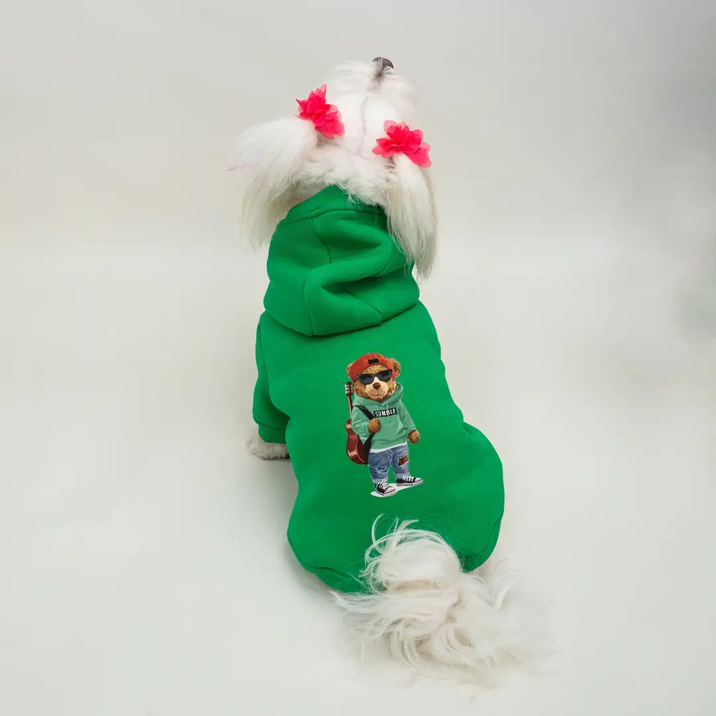 Yeşil Bear Baskılı Kedi ve Köpek Sweatshirt Hoodie