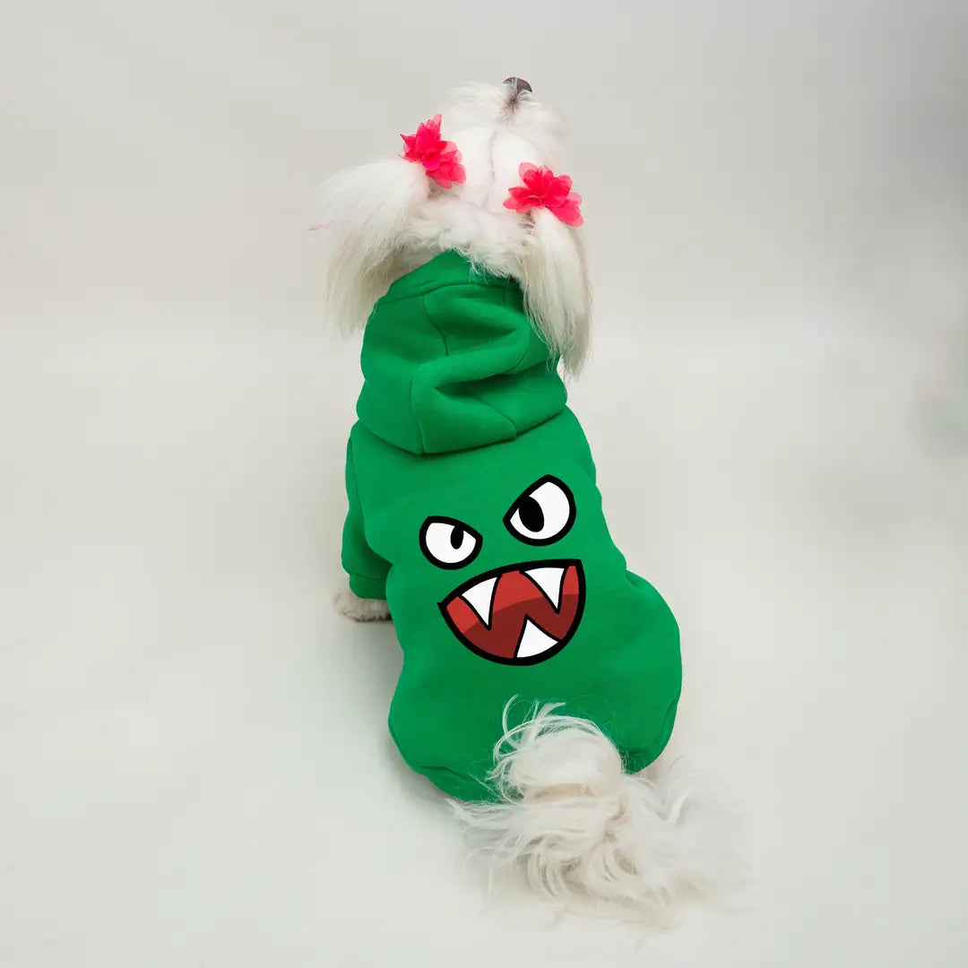 Yeşil Kızgın Surat Baskılı Kedi ve Köpek Sweatshirt Hoodie