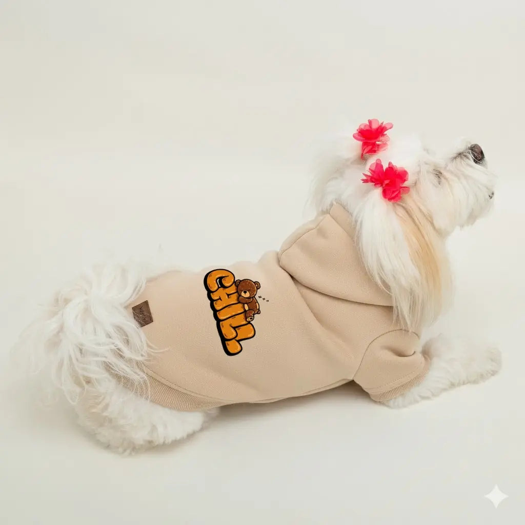 Bej Chill Baskılı Kedi ve Köpek Sweatshirt Hoodie